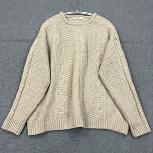 Woolovers Sweater Men's Large Ivory Cable Knit Pure New Lambswool Crew Jumper‎